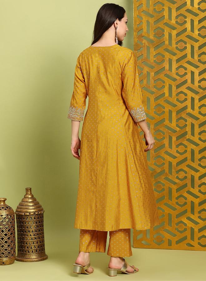 globus Women Mustard Zari Embroidered Kurta and Wide Leg Pants Set - Image 2